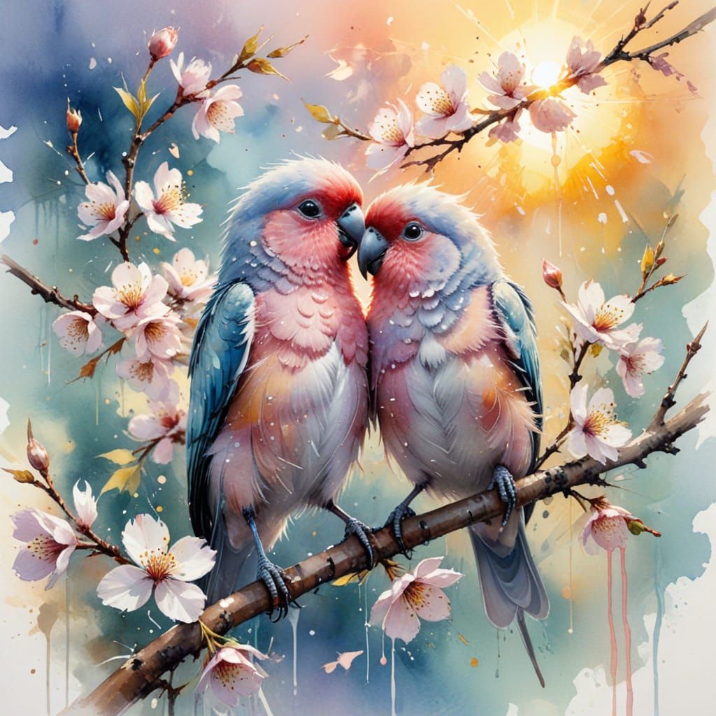 Lovebirds on Cherry Branch: Dreamy Watercolour Sunrise