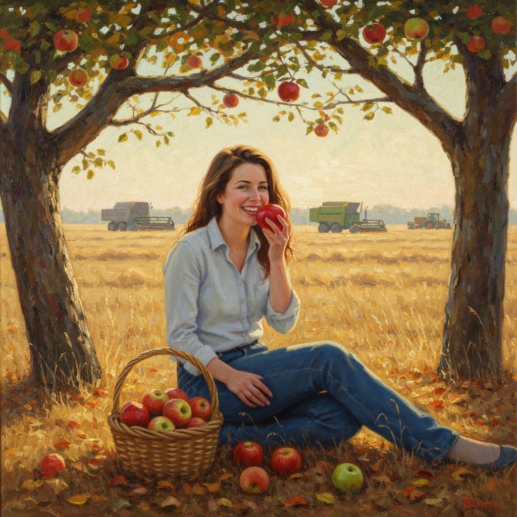 Impressionist Autumn Scene: Woman Eating Apple Under Tree