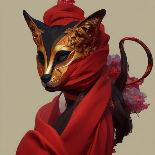 Fox Mask Portrait with Red Maple Leaves