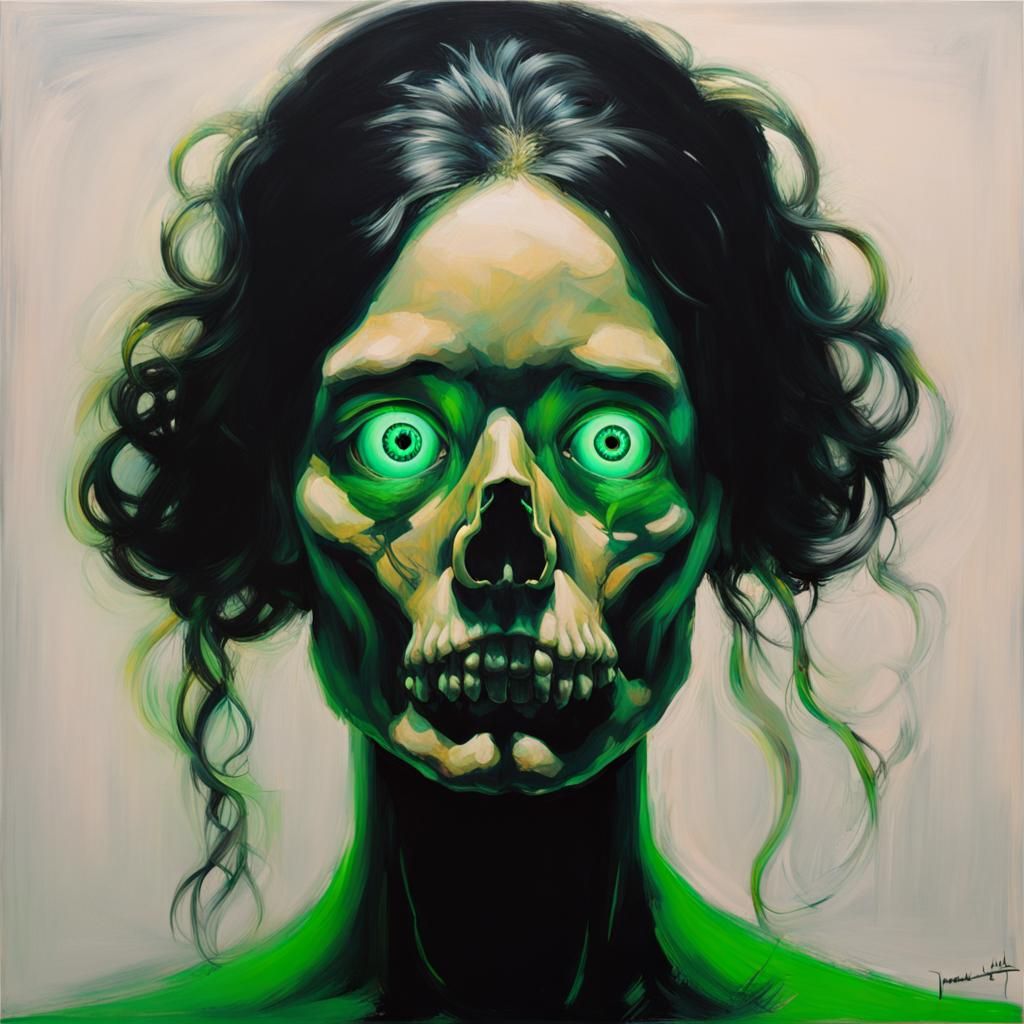 Skull with Glowing Green Eyes: Oil Painting