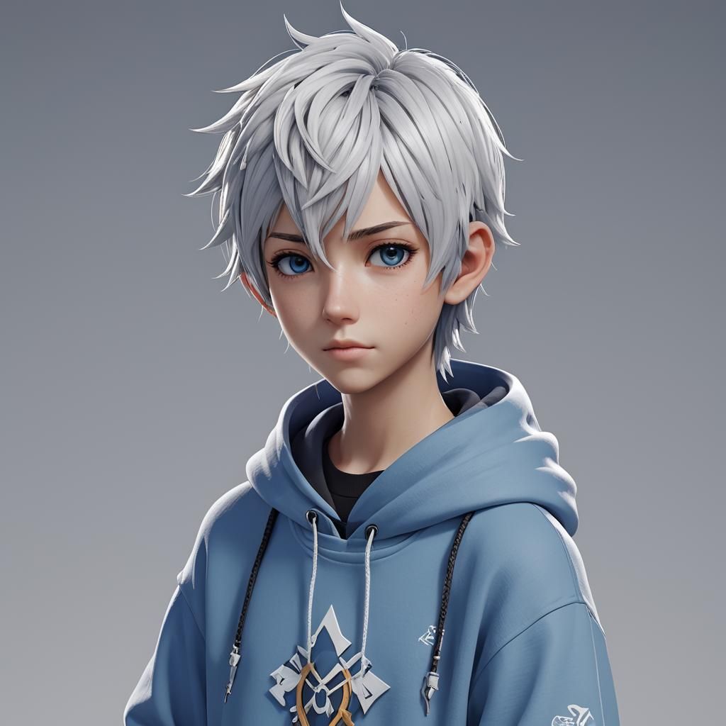 Anime-Style Boy with Blue Hoodie, 3D Render