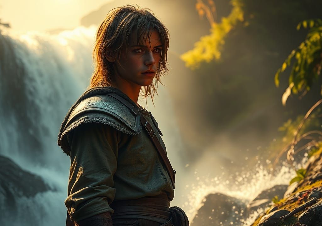 Weary Warrior at Waterfall in Hyperrealistic Style