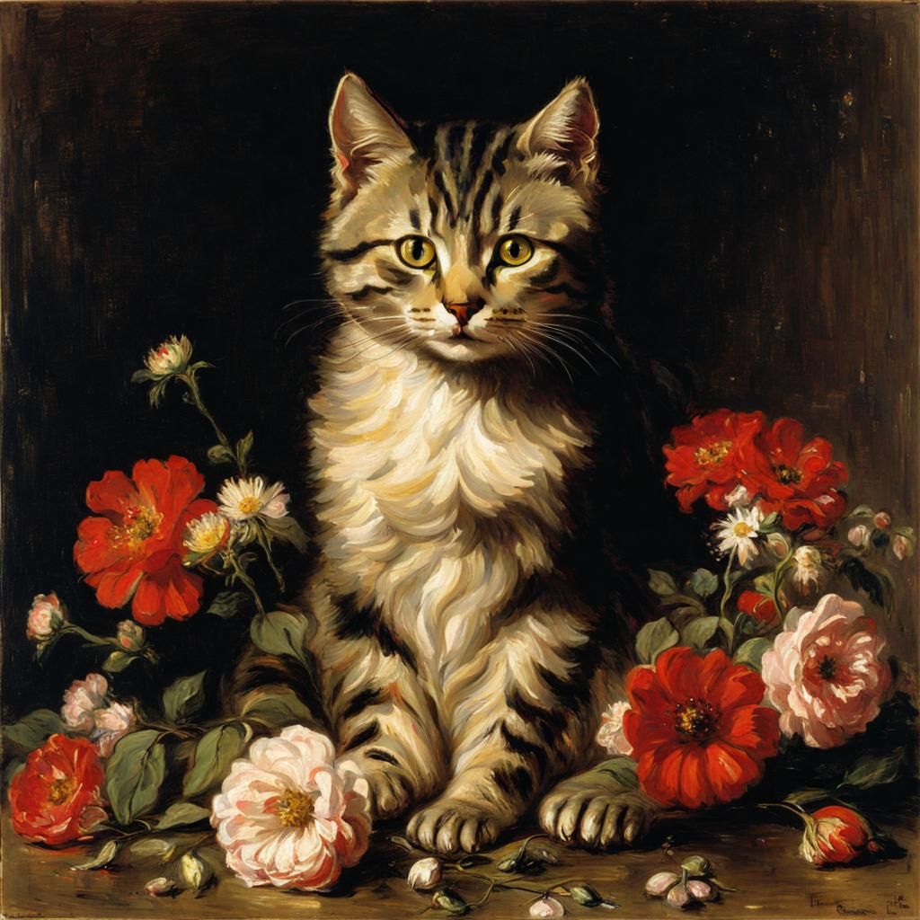 Cute Cat with Flowers in Realistic Style