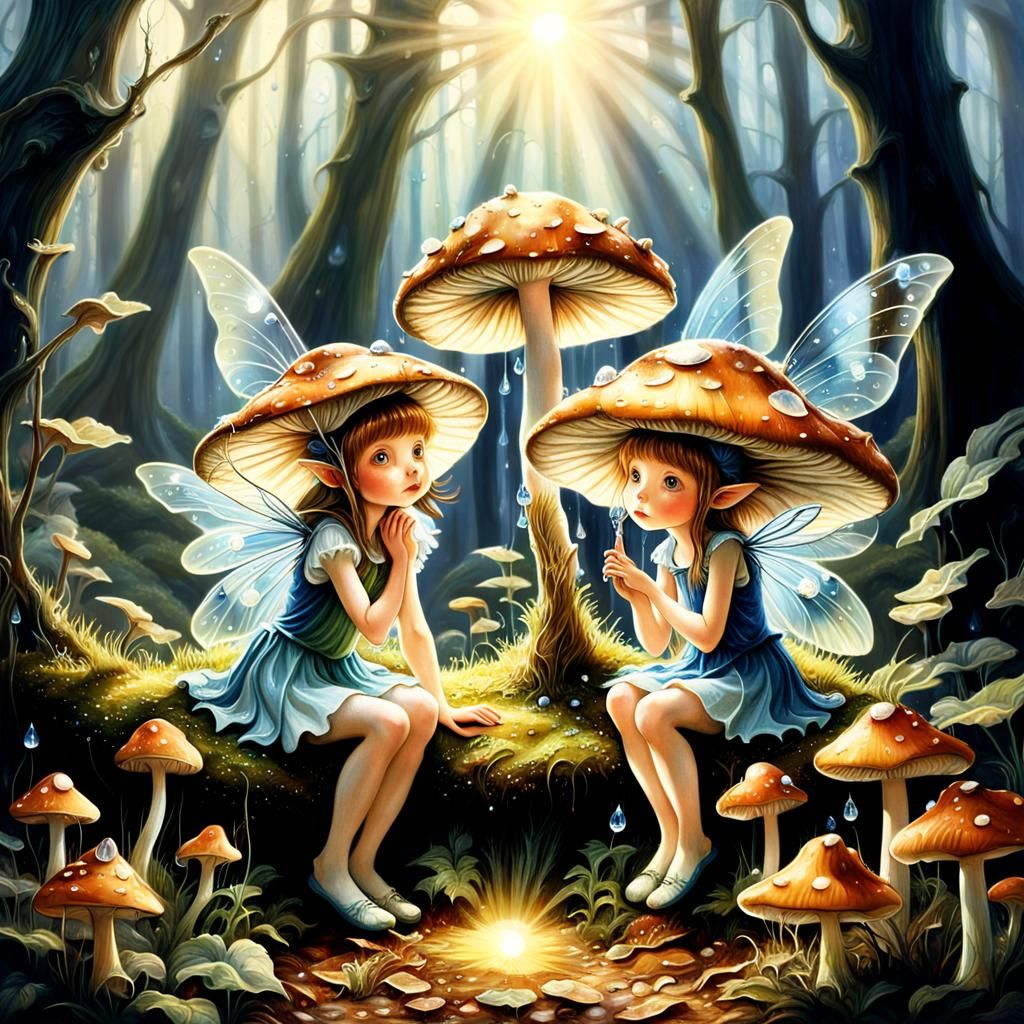 Fairies Under Mushroom in Magical Realism Style