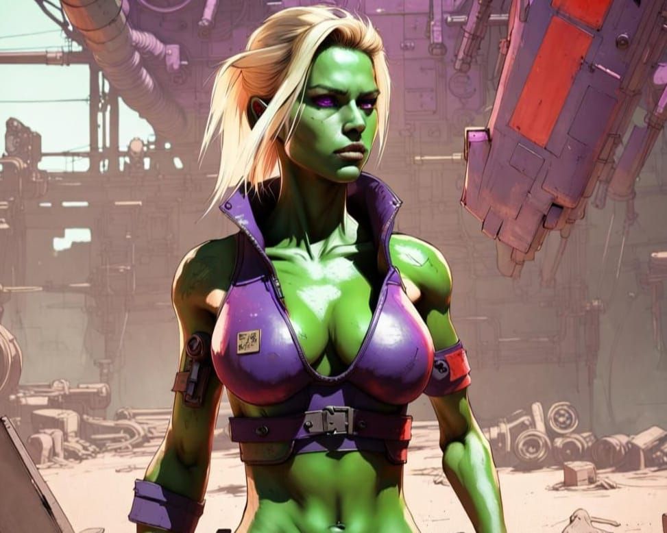 Apocalyptic Athletic Woman with Mechanical Schematic Backgro...