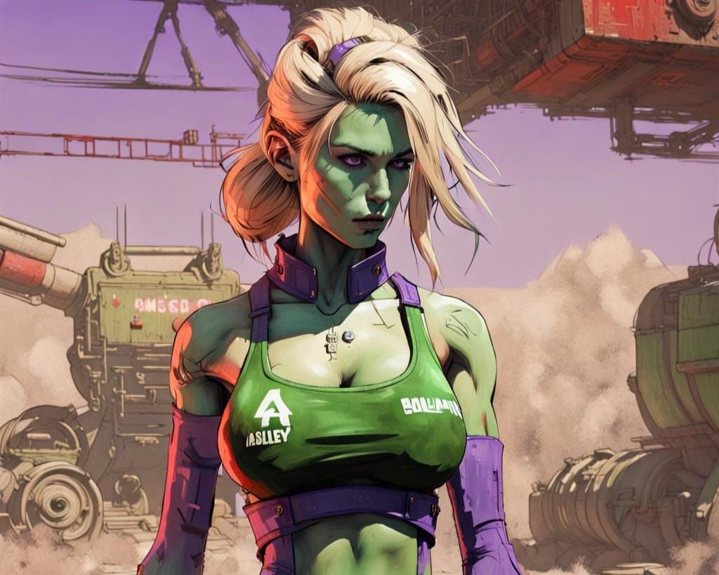 Athletic Woman with Green Skin in Apocalyptic Style