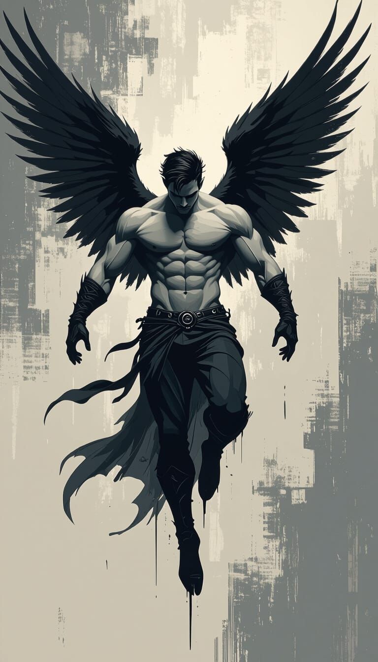 Gothic Angel Falling: Expressive Vector Illustration