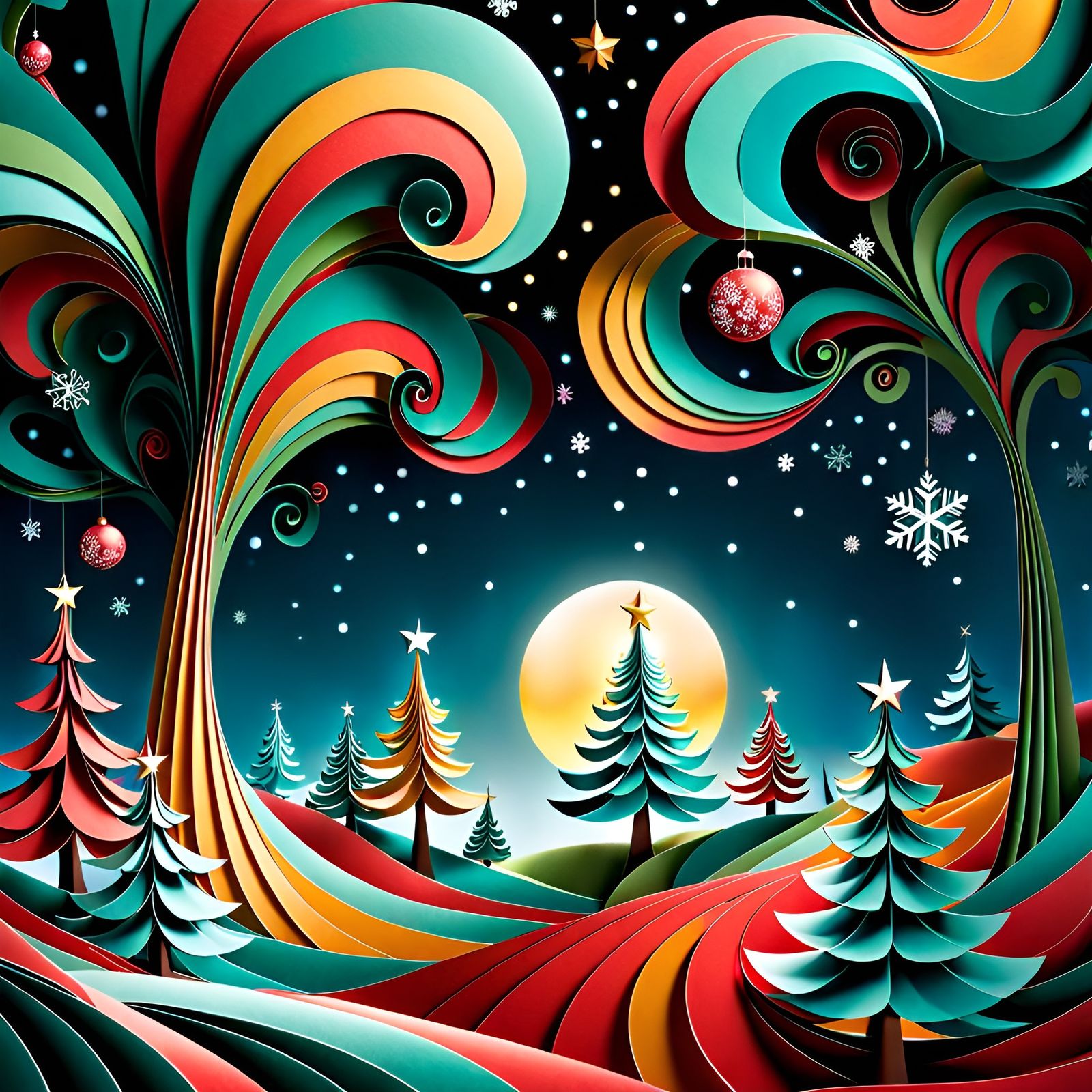 Whimsical Christmas Tree in Surreal Landscape