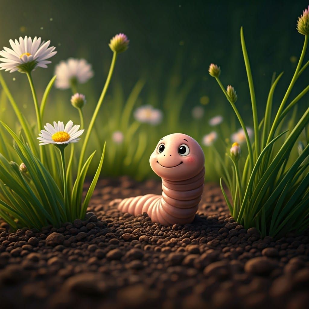 Whimsical Earthworm in Vibrant Garden Scene
