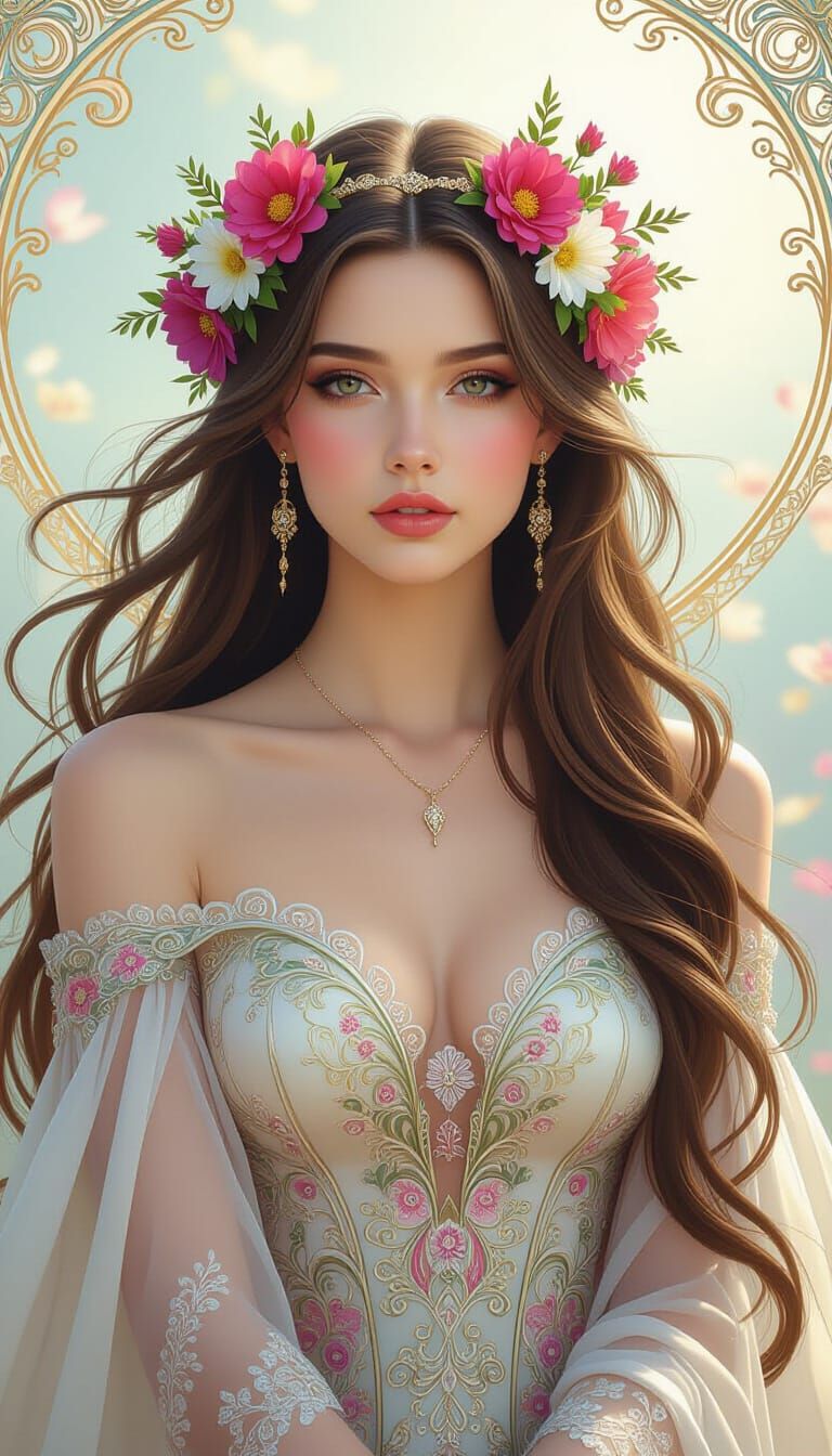 Fantasy Woman with Floral Crown in Hyperrealistic Style