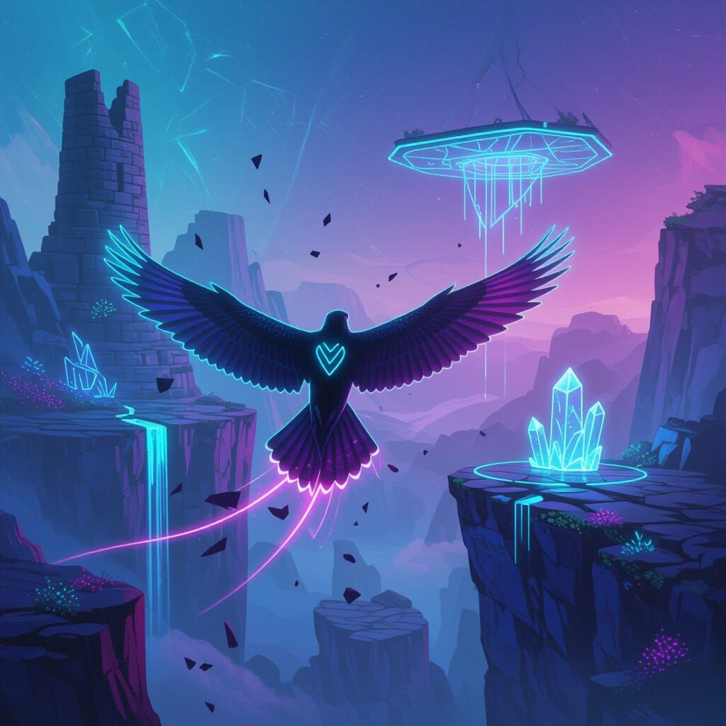 Neon Falcon Soars Over Bioluminescent Cliffs Concept Art