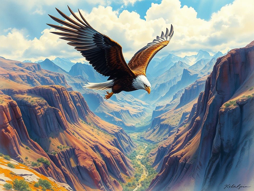 Eagle Soars Over Deep Valley in Vibrant, Dreamy Landscape
