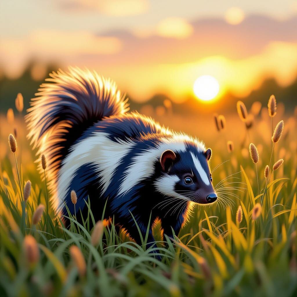Realistic Skunk in Golden Hour: Impasto Gouache Masterpiece
