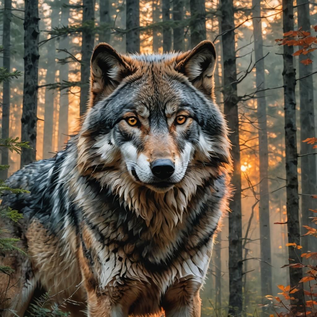 Wolf Double Exposure: Forest, Hunter, Sunset in Watercolor