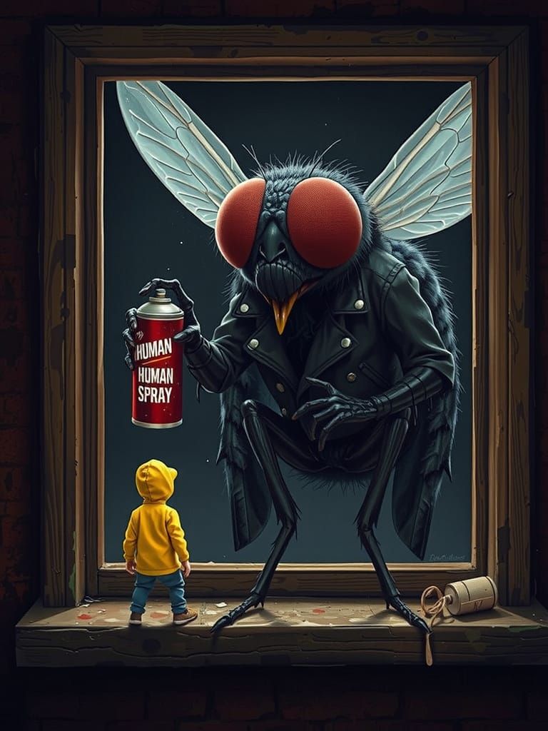 Creepy Fly in Leather Jacket Looms Over Cowering Human