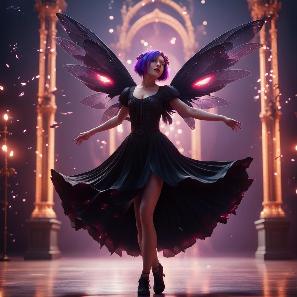 a girl dancing and singing in a black dress with fairy wings and purple hair with red eyes
