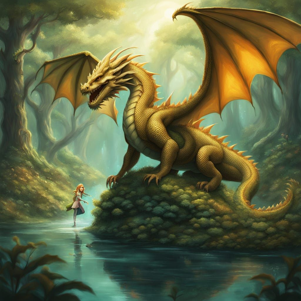 Girls Play with Majestic Dragon Guardian in Whimsical Forest