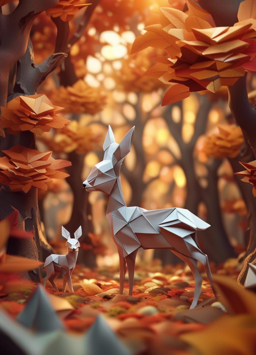 Origami Deer and Rabbit in Autumn Forest