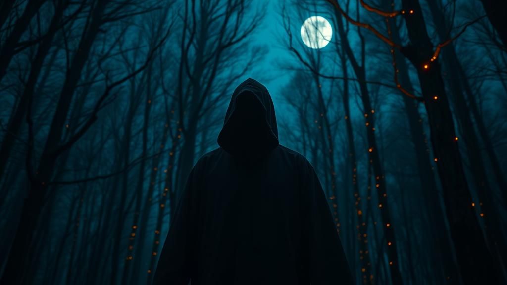 Mystical Forest: Cloaked Figure Under Starry Night