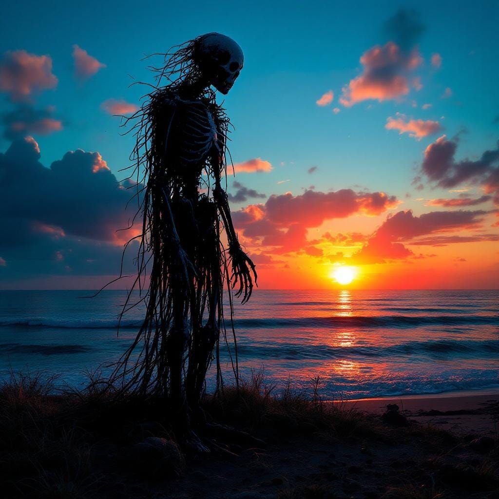 Voodoo Doll Silhouette at Sunset, Hyperrealistic HDR