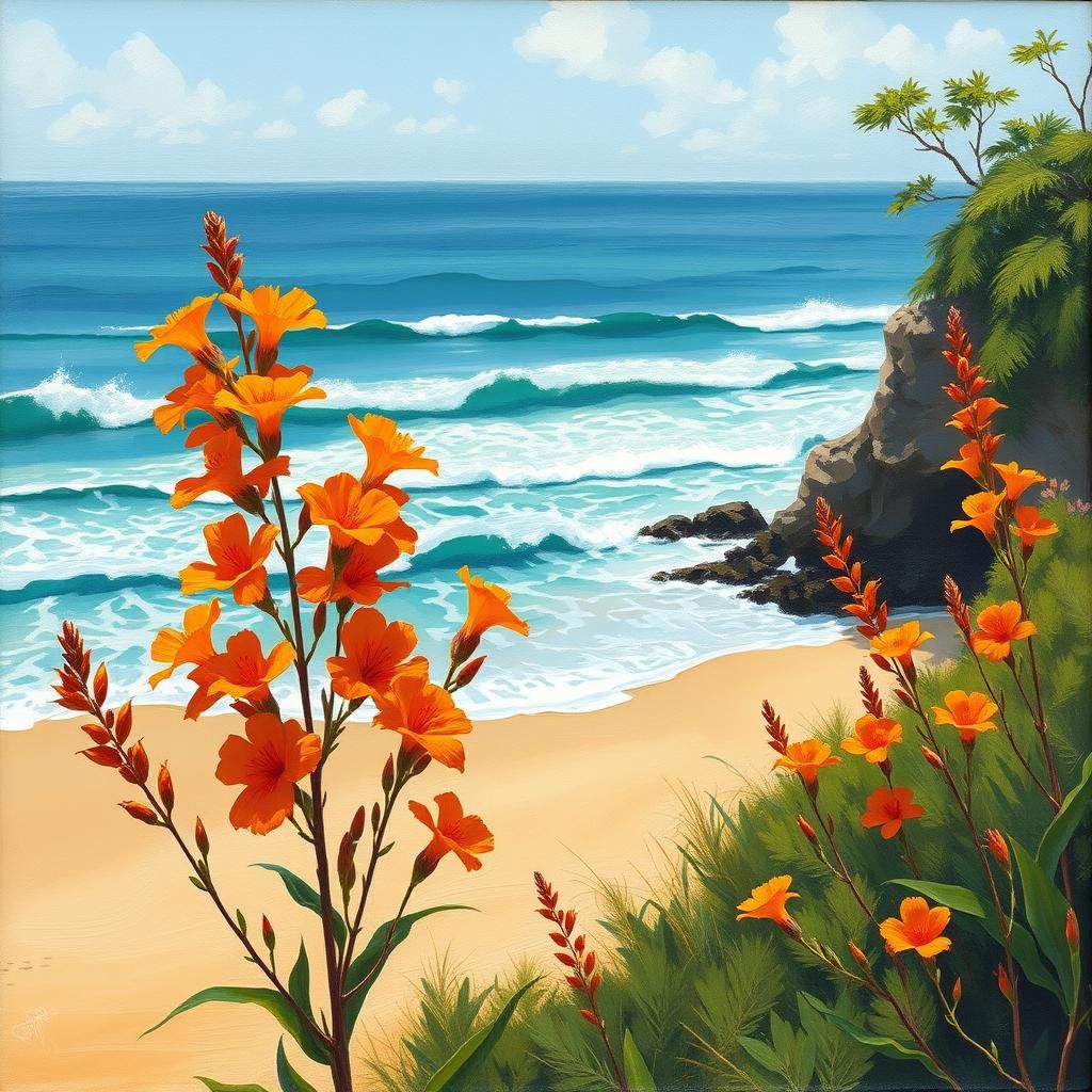 Orange Flowers Swaying on a Turquoise Beach