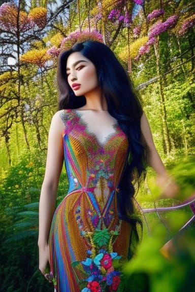 Surreal Woman in Embroidered Dress with Flowers