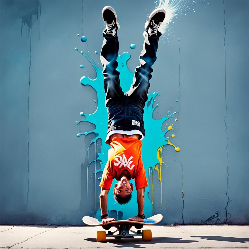 Handstand on Skateboard in Graffiti Splash Art Style