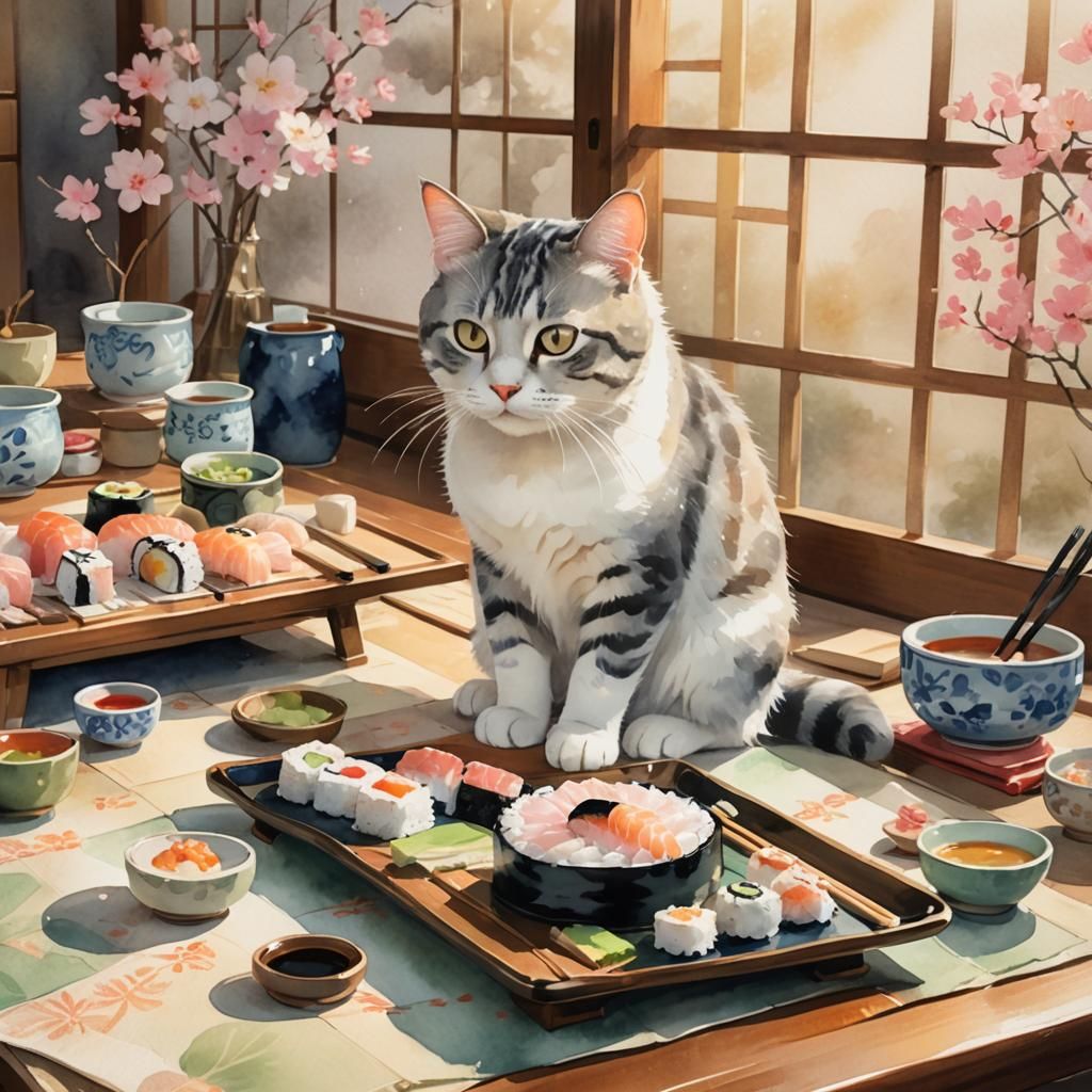 Cat Eating Sushi: Whimsical Watercolor Art