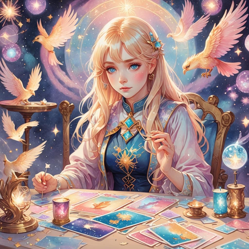 Pastel Anime Tarot Reader with Phoenix and Stars