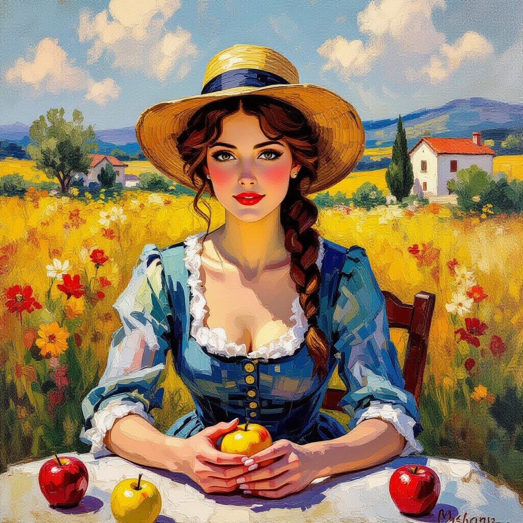 The Lady of Yellow Apples in Vibrant Gouache