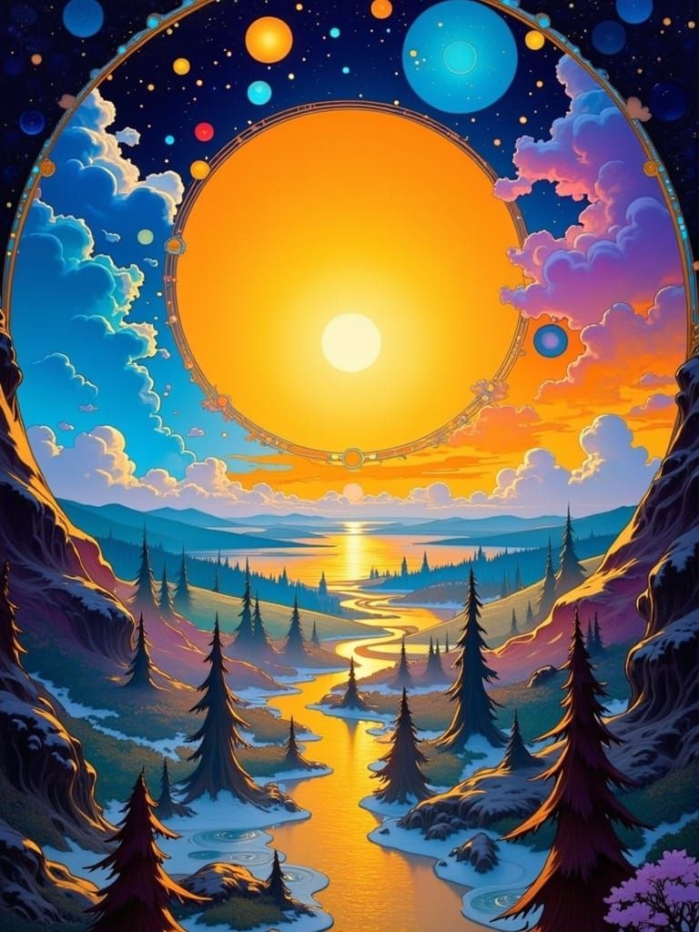 Surreal Art Nouveau Landscape with Whimsical Seasons