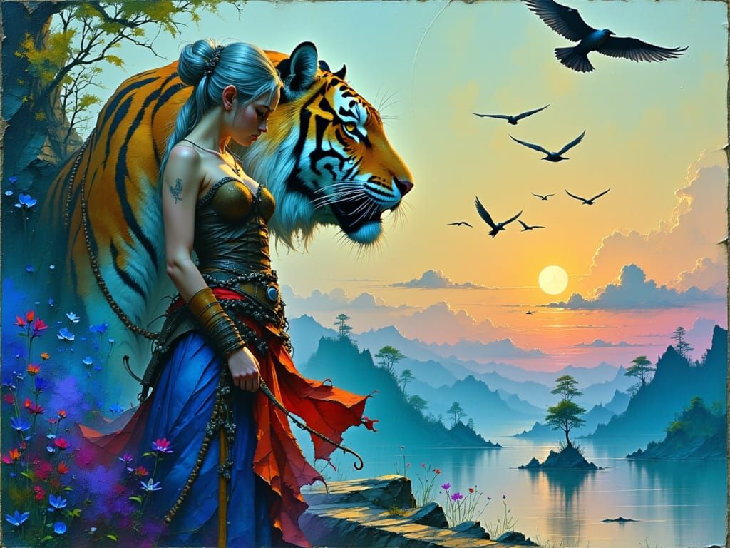 Mystical Elf in Riverscape with Moonlit Tiger