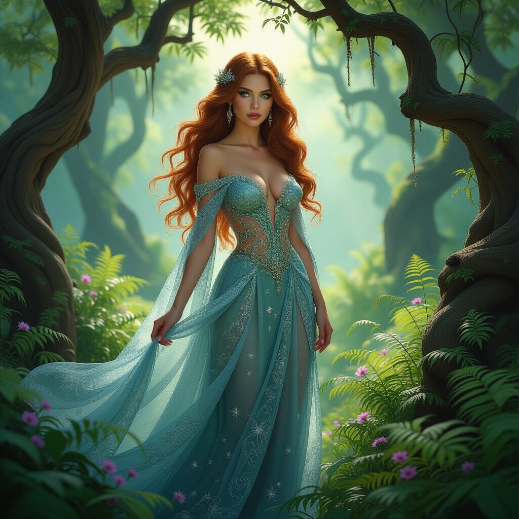 Ethereal Woman in Starlight Gown, Art Nouveau Illustration