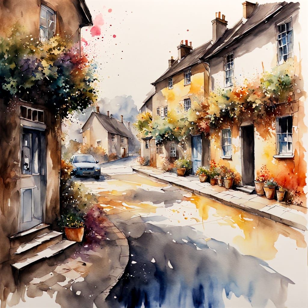 16th Century Cotswold Village in Watercolour Style