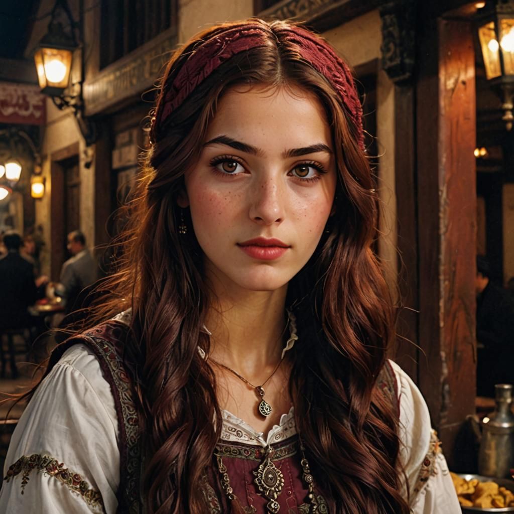 Beautiful Young Girl in Turkish Inn at Night