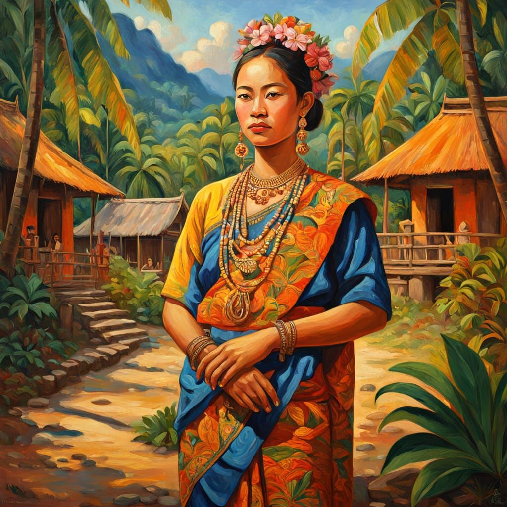 Thai Woman in Traditional Costume as Gauguin Style Painting