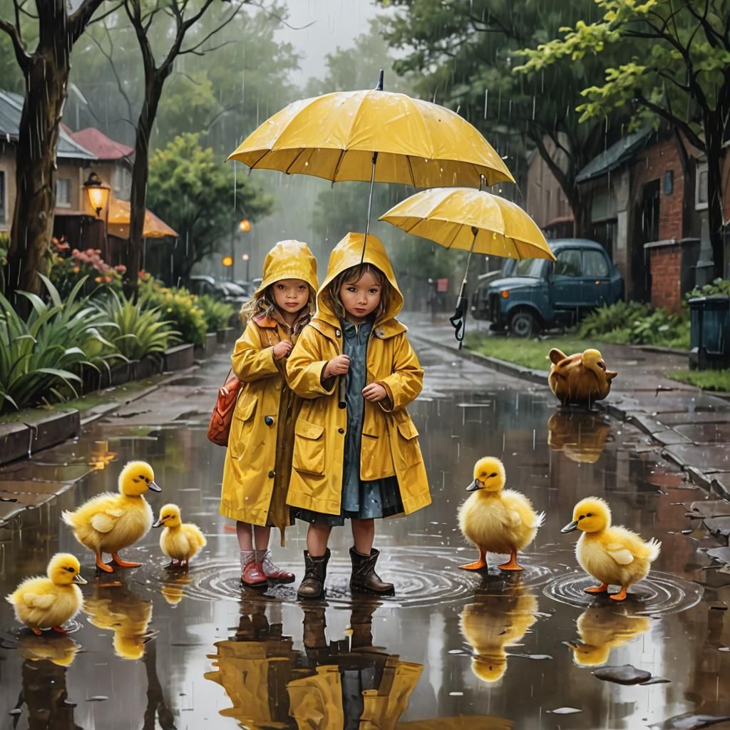 Girl Shelters Duckling: Watercolor Rainy Day Scene