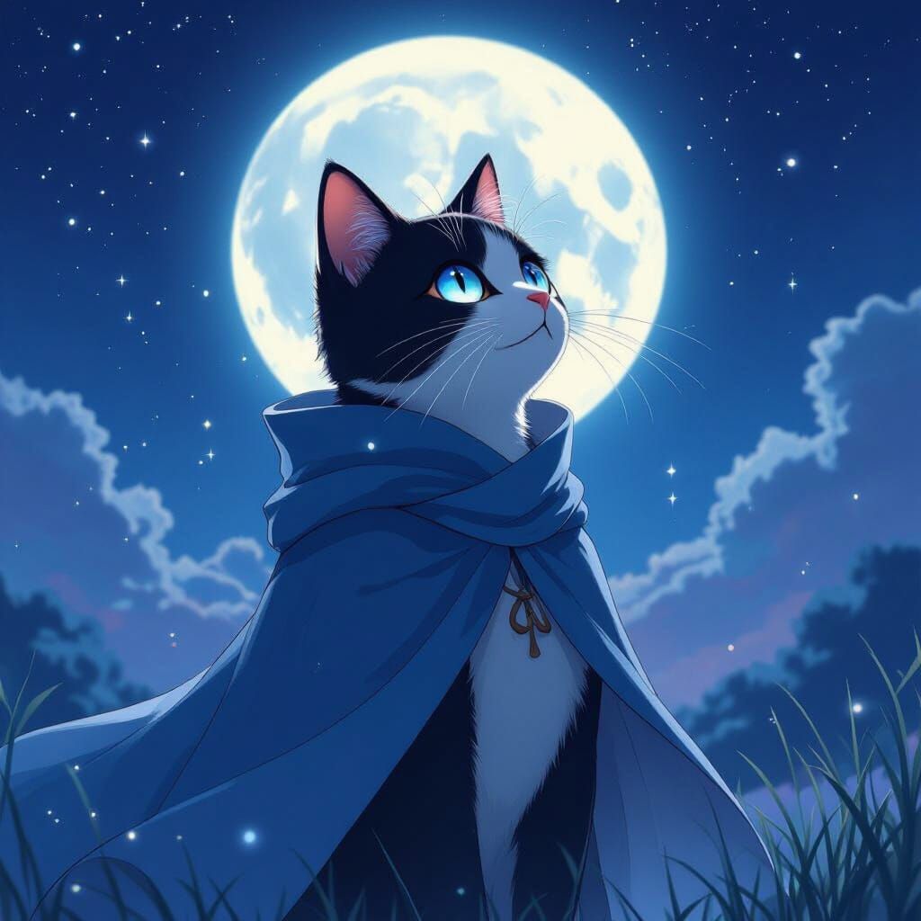 Anime Cat with Aura Eyes Under Moonlight