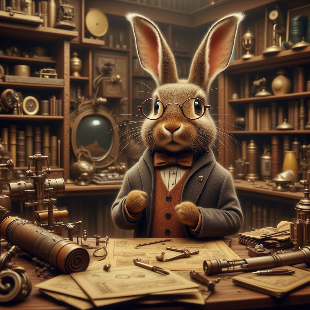 Renaissance Rabbit Inventor with Flying Machine