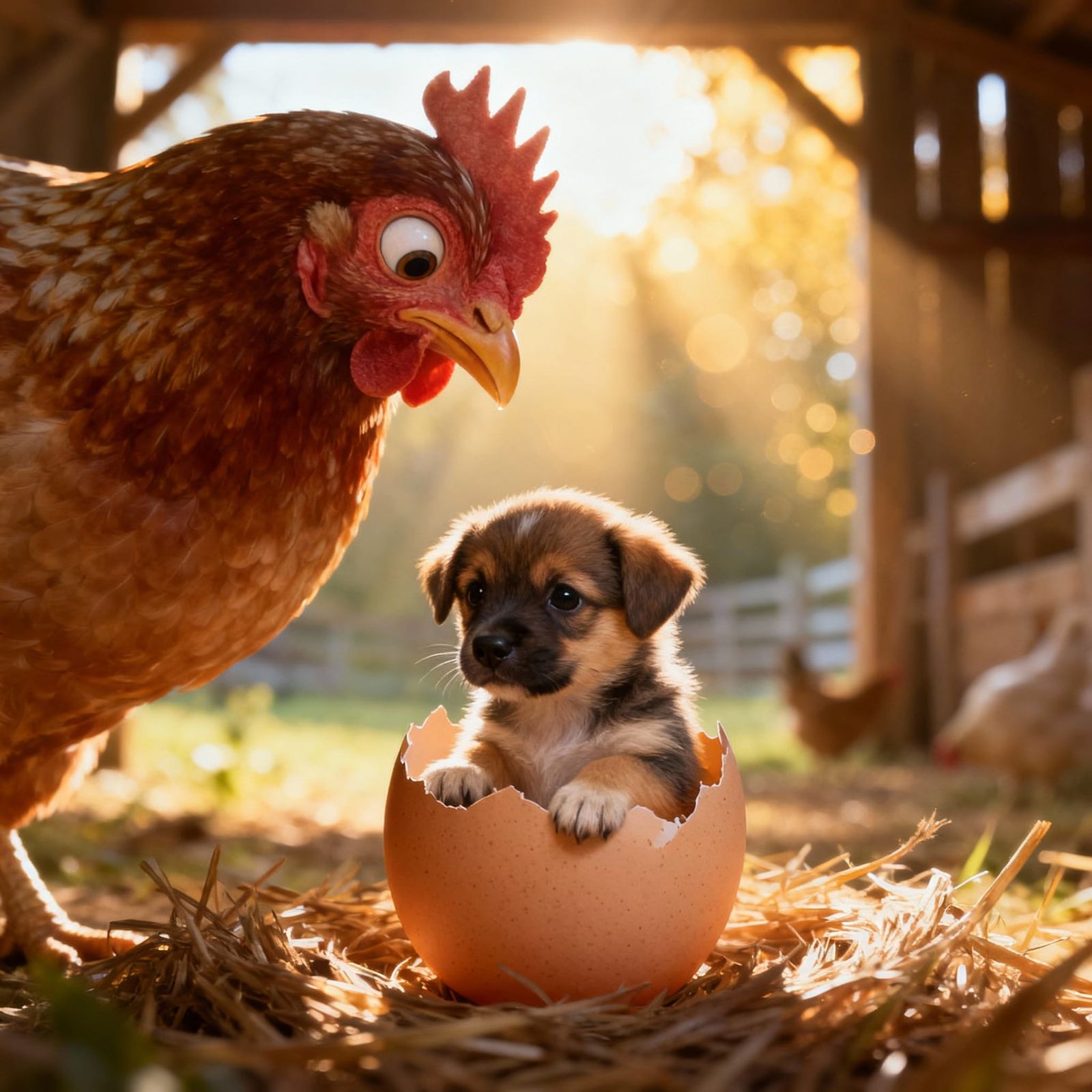 Astonished Chicken Sees Puppy Hatch From Egg