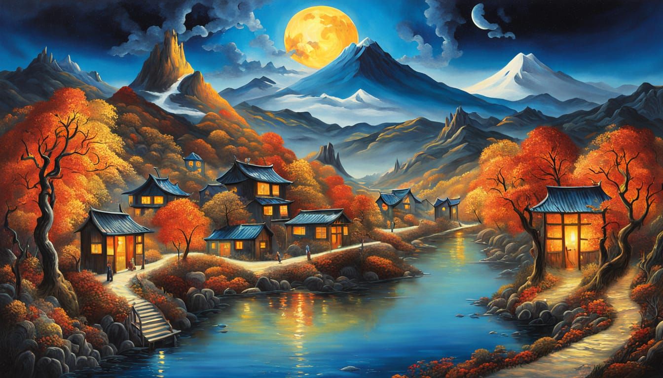 Surreal Japanese Village in Autumn Woods Under Moonlit Sky