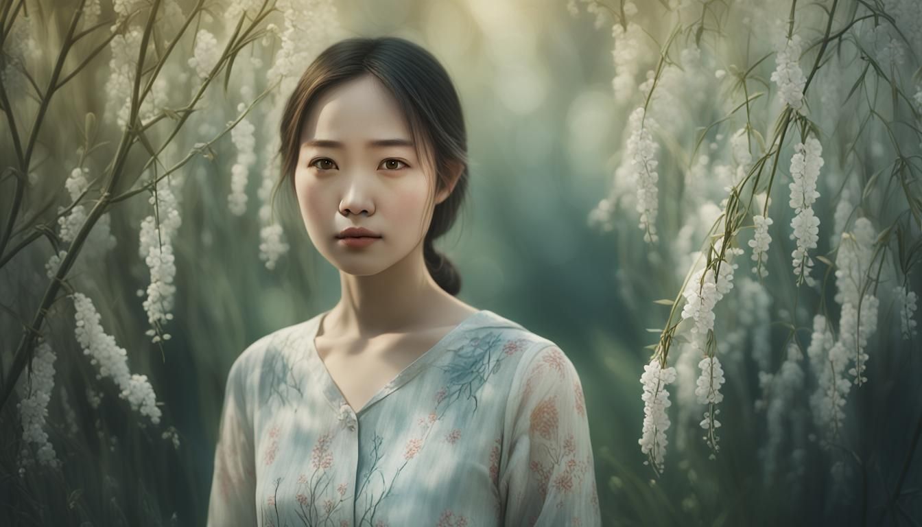 Vietnamese Woman in Garden, Soft Impressionism Style