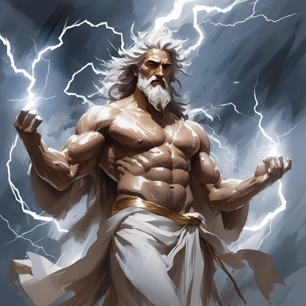 Zeus, Greek God of Lightning, in Detailed Watercolor Sketch