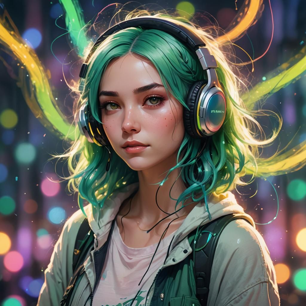 Auroracore Girl with Headphones in Dreamcore Style