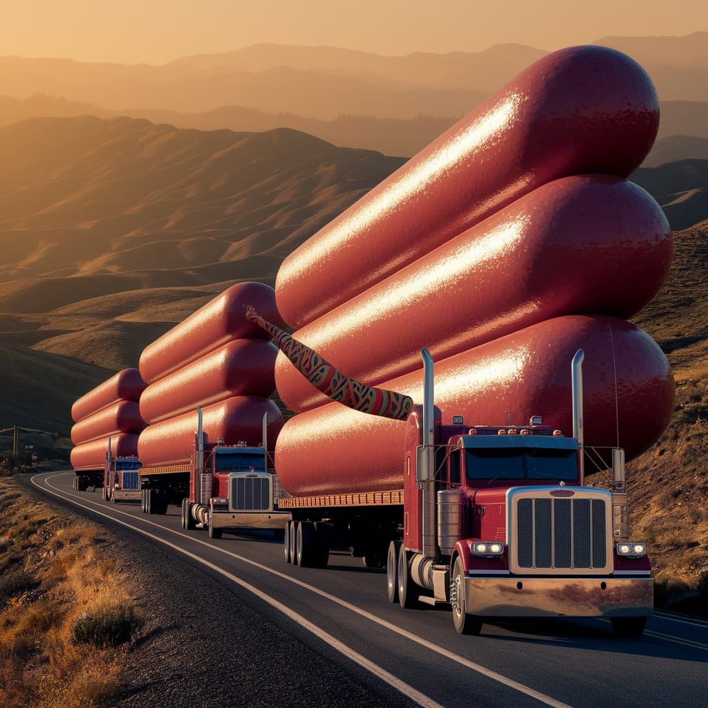 Giant Hotdog Trucks on Mountain Road at Sunset
