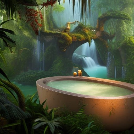 Luxurious Jungle Bath: Detailed Matte Painting