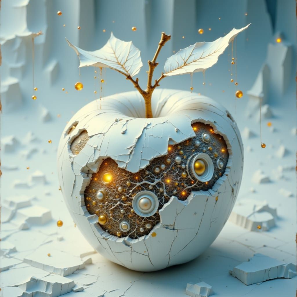 Surreal White Mechanical Apple in a Futuristic World