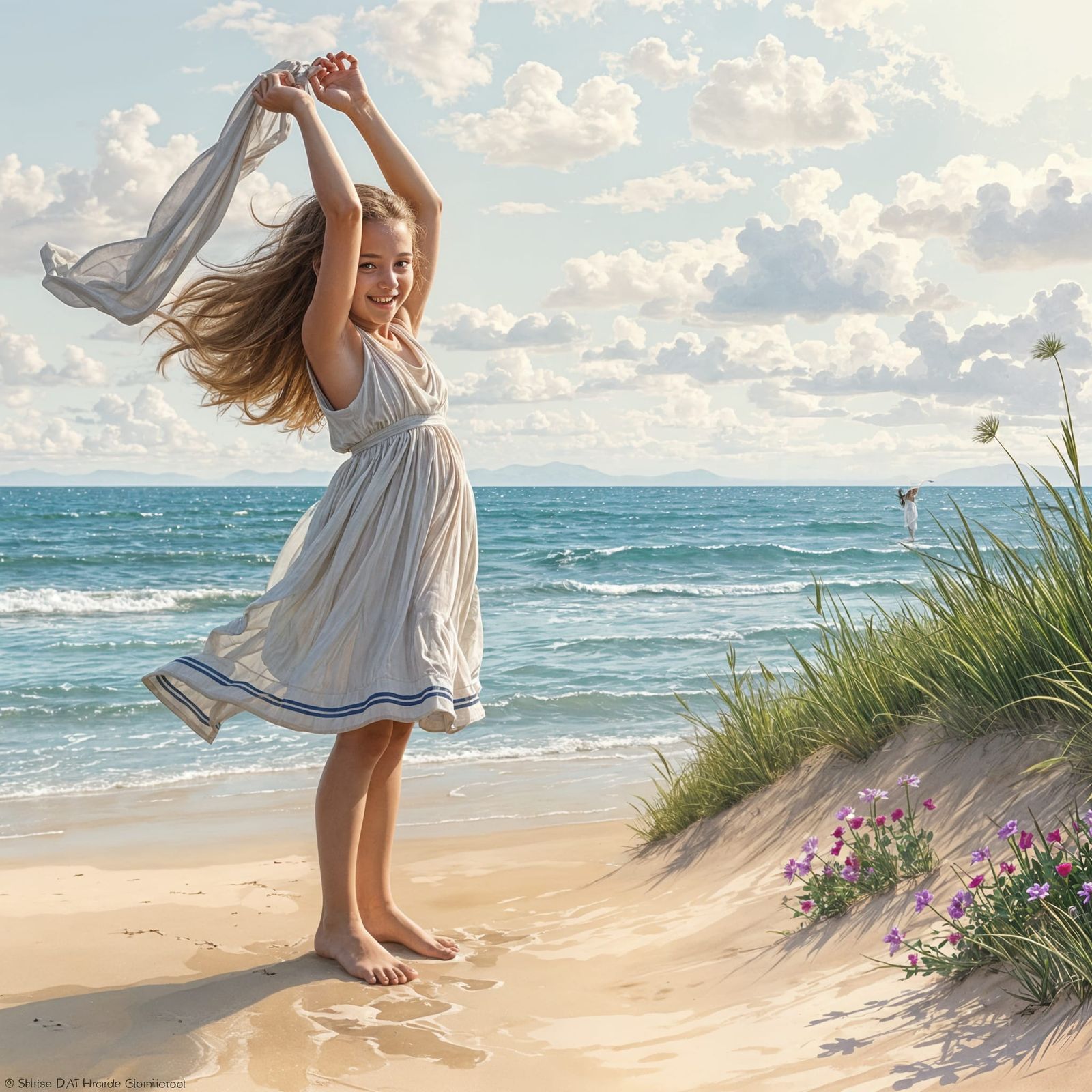 Girl Playing With Her Scarf in the Breeze