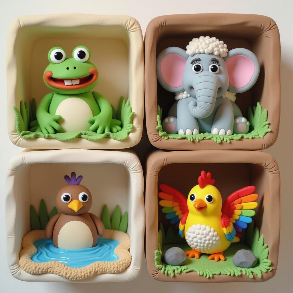Inventive Clay Animals Displayed in Childlike Style