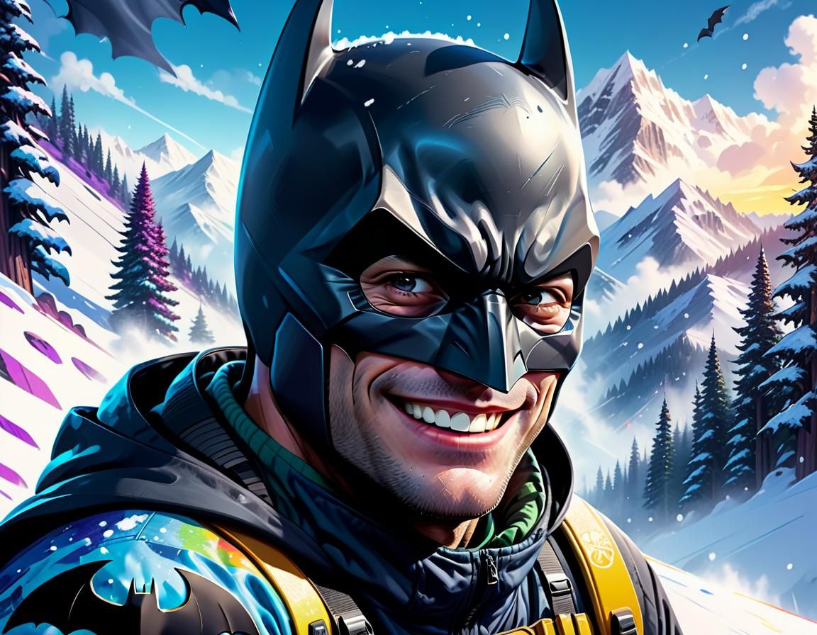 Batman Snowboards in Serene Mountain Scene